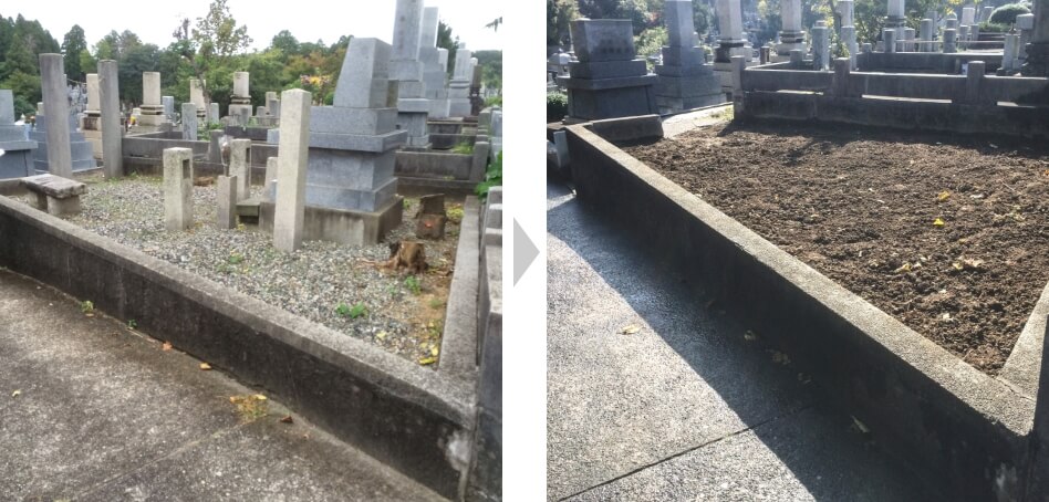 富山市長岡墓地霊園内　墓石解体　洋型墓石解体処分、基礎コンクリート解体処分、整地