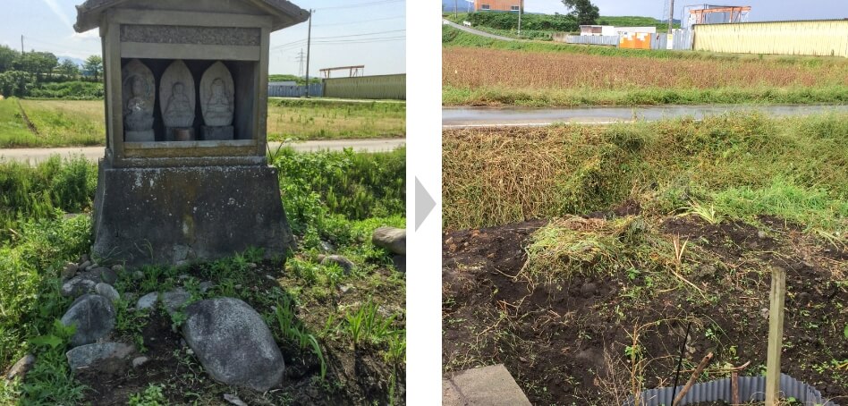 富山市八尾　地蔵堂解体施工　お地蔵石仏撤去処分、地蔵堂解体処分、基礎部解体処分、整地