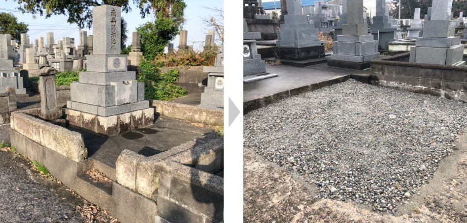 富山市岩瀬　墓石解体施工　和型墓石解体処分、大谷石外柵解体処分、基礎コンクリート解体処分、砕石埋め戻し施工
